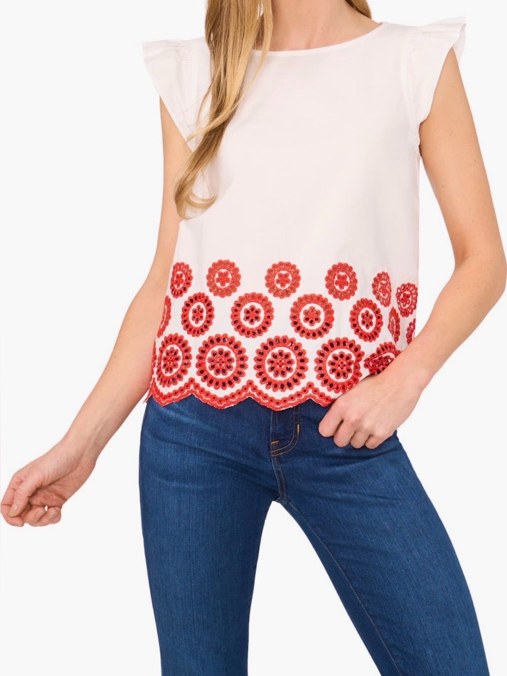 Cece White & Red Embroidered Ruffle Shoulder Top size Large